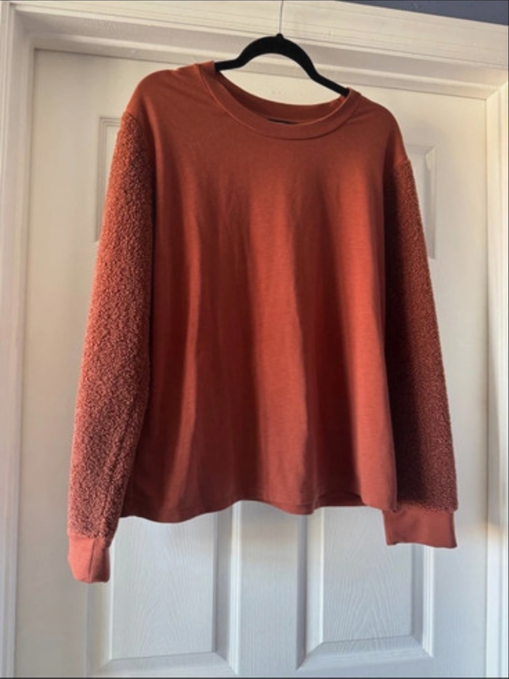 Rust Crewneck Sweater with Textured Sleeves